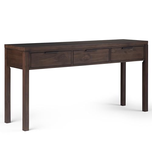 SIMPLIHOME Hollander Console Table - 60 Inch Wide Solid Wood Sofa Table in Warm Walnut Brown, Contemporary Storage Table for Entryway or Living Room with 3 Drawers and Sleek Metal Hardware