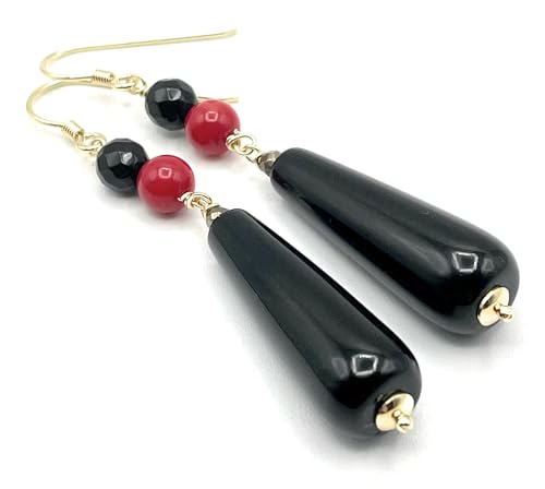Boucles d'oreilles onyx noir et corail rouge en vermeil | Bijoux artisanaux de prestige
