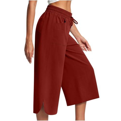 Womens Summer Pants Elastic High Waisted Drawstring Wide Leg Pant Casual Loose Cropped Beach Trousers with Pockets Red