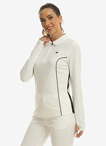 Mofiz Zipper Golf Shirts For Women Moisture Wicking Long Sleeve Quick Dry Polo Shirts Upf Athletic Tennis Top With Thumb Holes White,Xs #TOP1