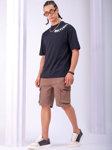 Image of The Indian Garage Co Men Relaxed Fit Solid Mid-Rise Denim Cargo Shorts