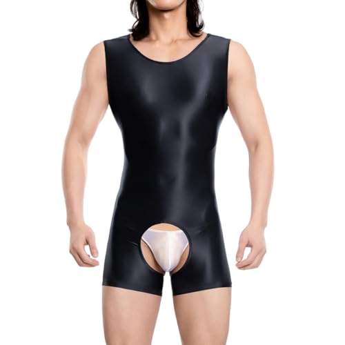 RuiChy Herren Glänzendes Body Armellos Fitness Overall Tank Top Shiny Rundhals Einteiliges Leotard Wrestling Singlet Unitard Freizeit Trainings Playsuit Festival Rave Nachtwäsche(Schwarz/M)