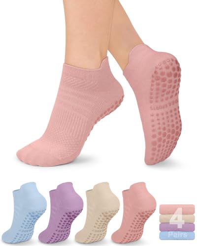 Image of yeuG Pilates Socks for Women Non Slip Grip Socks for Yoga, Barre, Hospital, Barefoot Grippy Yoga Sock Womens Gifts 4 Pairs