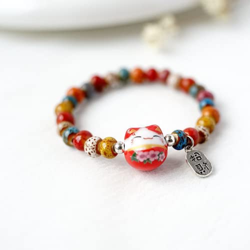 Lucky Cat Bracelet Handmade Wealth Health Bracelet Ceramics Cat Wrist Chain Elastic Beaded Bracelet Colorful Beads Bracelet Friendship Gift #TOP2