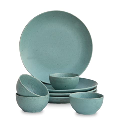 ST REDEFINING SPACES Handmade Printed Turquoise Blue Ceramic Dinner Set Microwave Safe Dinner Set (4 Plates with 4 Bowls) – Pack of 8
