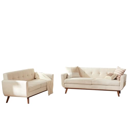 Kingfun 2 Piece Loveseat and Sofa Sets, Mid Century Modern Decor Love Seat Couches for Living Room, Button Tufted Upholstered Furniture, Easy to Install Small Couch for Bedroom, Office, Beige