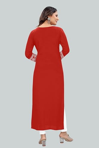 Image of Women's Rayon Embroidered Straight Kurti Under 499 Designer Attractive Look Women's Kurta