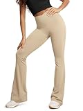 ODODOS Cloud Feeling Crossover High Waist Flared Pants for Women, 32" Bootcut Yoga Pants with Back Pocket, Beige, Medium