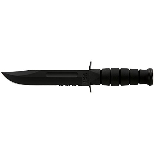 Ka-Bar Black Fighting Knife, Black Leather Sheath, 7 in., Serrated - KA-BAR