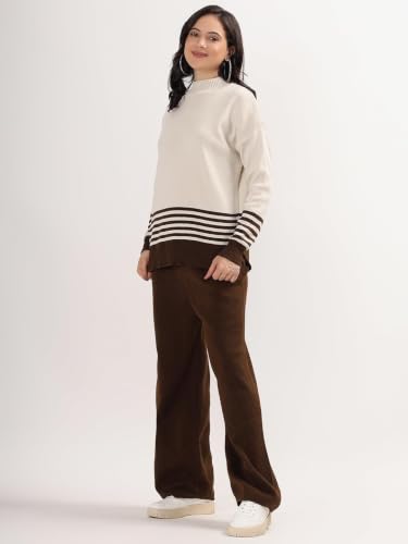 Image of Kvetoo Women Winter Coord Set Wool Blend Tracksuit High Neck Sweater and Wide Leg Pants Warm Knitwear Pyjama Set for Casual Office Travel Wear