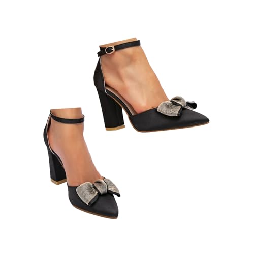 Women'S Suede Bow-Knot Mid Block Heel High Heels Adjustable Ankle Strap Fashion Closed Pointed Toe Chunky Heels Sandals For Parties Wedding Dress Shoes