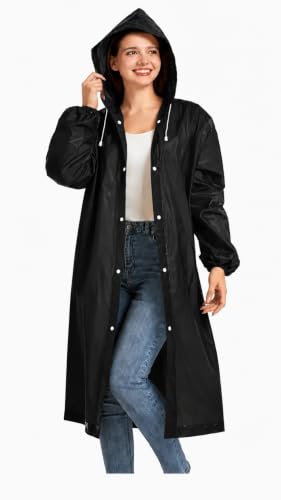 Image of Hooded Waterproof Men's & Women's Raincoat, Lightweight Long Rain Jacket, Button Front, Windproof Outdoor Rainwear | Free Size |