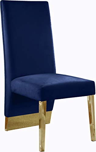 Image of Meridian Furniture 755Navy-C Porsha Collection Modern | Contemporary Dining Chair with Luxurious Navy Velvet, Rich Gold Metal Legs, Channel Tufted Back, 19.5 inch W x 27 inch D x 42 inch H, Navy, Set of 2
