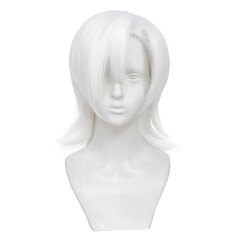 kelagoo Fashion Mens Short Straight Wig for Cosplay Anime Cosplay Wig Layered White Party Wigs with Bangs for Halloween Costume Christmas Synthetic Hair Left side