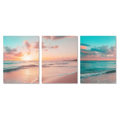 NymphFable Amanecer en la Playa Póster de Arte de Pared Azul Océano Paisaje Marino Póster de Pared de Lienzo para Decoración de Dormitorio Sala de Estar 12x16 in Set de 3 Sin Marco