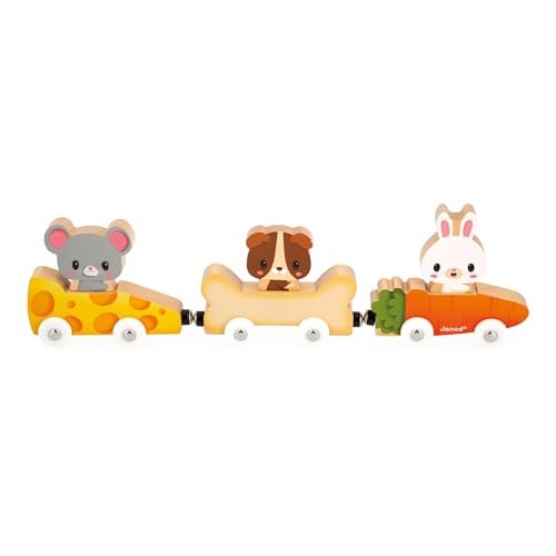 Janod Pets Wooden Animal Car Train Push and Go Playset - Ages 18 Months - 3 Years - J03315