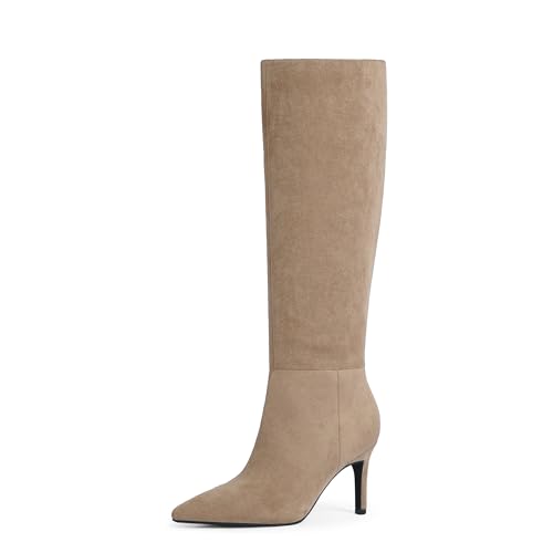 Easyfox Knee High Tan Suede Boots Women Pointed Toe Tall Boots Stiletto High Heels Long Boots Size 8