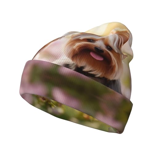 LNNIUK Yorkie - Gorro de invierno con estampado floral 3 para hombres y mujeres, gorro de punto con puños, regalo de Navidad, color negro, Negro -, talla única