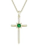 LOCIBLO May Birthstone Necklaces for Women 925 Sterling Silver Cross Pendant Yellow Gold Plated Green Created Emerald Necklace Crucifix Jewellery for Her, 16'+2'