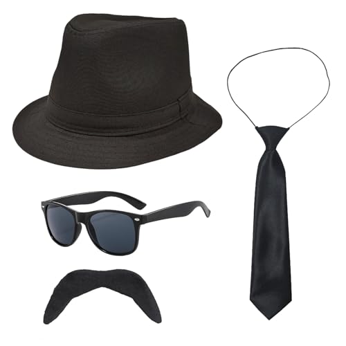UILYNIU 4 peças disfarce gangster, acessórios para homem dos anos 20 chapéu do Panamá gravata óculos bigode, disfarce de gatsby, chapéu gangster vintage homem carnaval Halloween cosplay (preto)