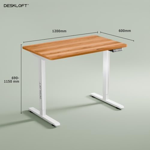 Image of Height Adjustable Electric Standing Desk | Ergonomic Sit Stand Workstation with Walnut Wood Grain Desktop | Motorized Computer Desk for Home Office (White Frame & Brown Top, 1200 x 600 mm)