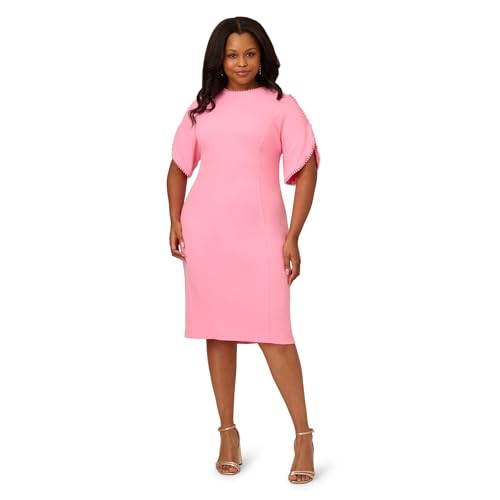 Image of Adrianna Papell Women's Knit Crepe Pearl Midi Dress | Knee Length Cocktail Dress with Pearl Trim & Tailored Fit