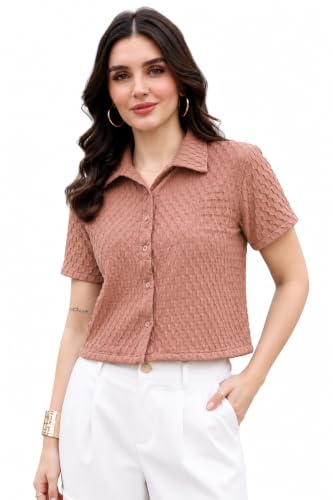 Image of Zilcon Women's Textured Polo Collar Shirt | Short Sleeve Button-Down Casual Crop Top | Soft Stretch Everyday Fashion Shirt
