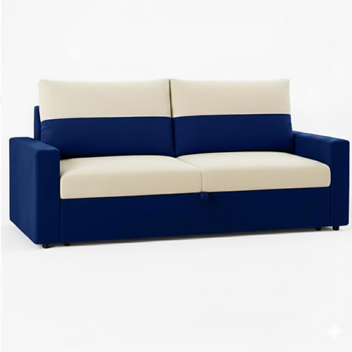 Image of SOCOZI Enrique 2-Seater Pull-Out Sofa Cum Bed | Soft Velvet Suede Fabric, Convertible Sofa Bed for Bedroom (Dark Blue-Cream)