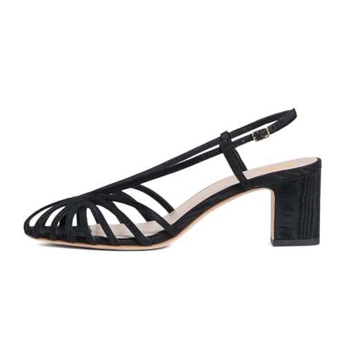XYD Women Caged Square Toe Slingback Sandals Cutout Block Low Heel Pumps Strappy Dress Chic Shoes2