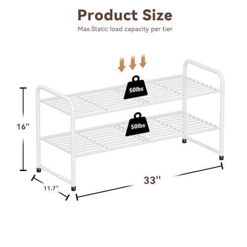 Image of Standard Shoe Rack 2-Tier 32.5 Inches Wide, Free Standing Shoe Organizer for Indoor Outdoor | Adjustable Heavy-Duty Metal Shelf Ideal for Home Entryway Closet & Garage Balcony | White