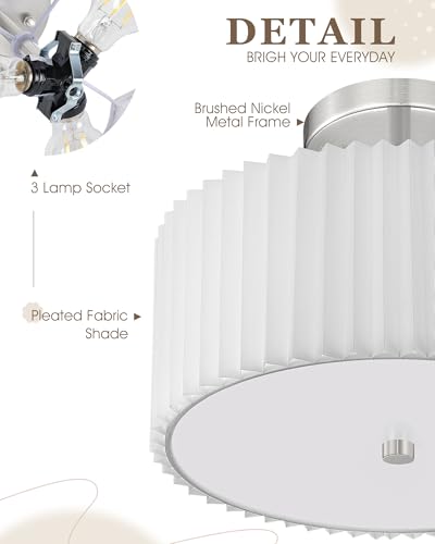 Image of Semi Flush Mount Ceiling Light, 3-Light 12.5 inch Ceiling Light Fixture with White Pleated Fabric Shade, Brushed Nickel Drum Lamp for Nursery Hallway Bedroom Kitchen, AD-25036-3SF-SN