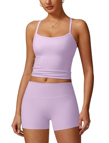Image of ABOCIW 2 Pieces Workout Sets for Women, Cross Back Tank Top Matching High Waist Biker Shorts, Gym Yoga Pilates Outfits