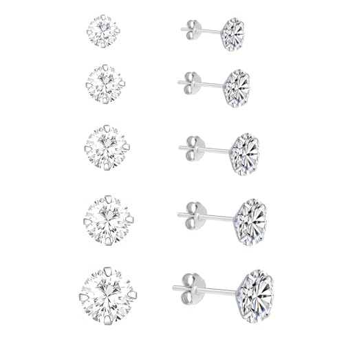 5 Pares Aretes de Plata de Ley 925, Aretes Hipoalergénicos, Pendientes Circonita Cúbica Cuadrada, Pendientes de Plata con Solitario, Incrustaciones de Circonita Cúbica Aretes para Hombres Mujeres