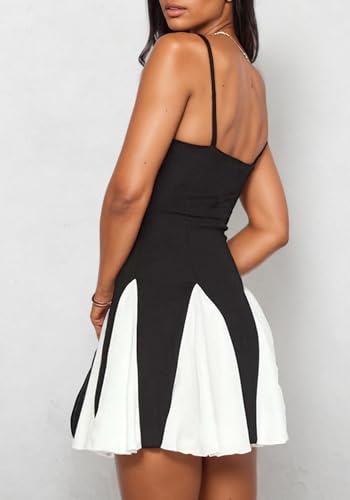 Women's Spaghetti Strap Mini Dress Color Block Pleated A line Flowy Sexy Casual Party Prom Summer Short Dresses4