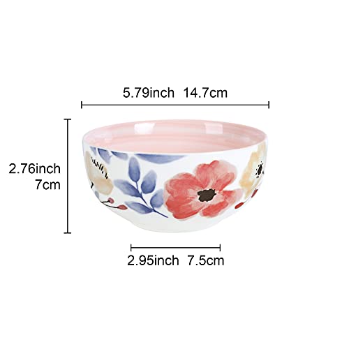 Fanquare 24Oz Vintage Floral Salad Bowls Set Of 4, Pink Porcelain Ramen Bowls, Kitchen Serving Bowls, 6" Cereal Bowls #TOP5