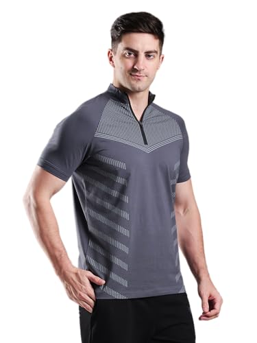 Image of GROW Stylish Aeroflex Zip T Shirt for Men Workout | Cotton and Spandex Quarter Zip Back Printed Collar T-Shirts for Men Half Sleeves