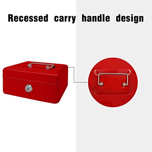 Steel Cash Box With Key Lock, Metal Small Money Organizer With Money Tray,Cash Storage Box With Lockable Cover (Red - 6 Inch) #TOP4
