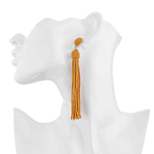 Nicole Miller New York Long Mustard Yellow Tassel Beaded Drop Dangle Stud Earrings #TOP4