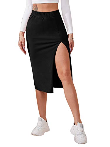 Milumia Women Casual Elastic High Waisted Skirt Split Hem Solid Midi Skirt Black Medium