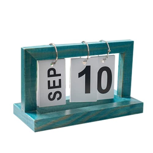 Ikasus AFSSS555034BCABLUE Wood Perpetual Desk Calendar Office Decor Creative Reusable Flip Chart Turn Page Retro Vintage Style Wood Calendar cover