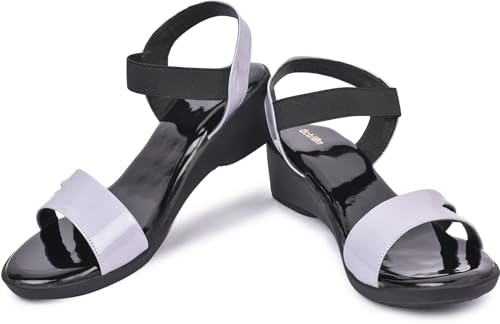 Image of Action Women's Patent Platform Sandals|Open Toe| Elastic Ankle Strap| Wedge Heel Black