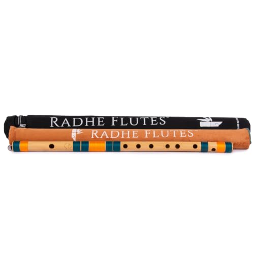 Image of Radhe Flutes Bamboo Bansuri C Sharp Right Handed Middle Octave (18 inch) With Hard Cover (Beige Flute With Dark Green & Orange Threads)