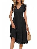 PASUDA Vestido Mujer Verano Casual Vestido Largo con Manga Volante Cuello V Elegante Cintura Alta A-Line Vestidos Hueco de Flores Jacquard Sólida Algodón Vestidos de Playa con Bolsillos (Negro, XXL)
