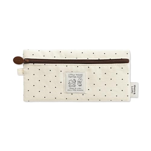 Image of Monolike Happy and Lucky Candy Dot pen case, Ivory - Slim Corduroy Style Cotton Pen Pouch, Cute Aesthetic Pastel Stationery Organizer for Office