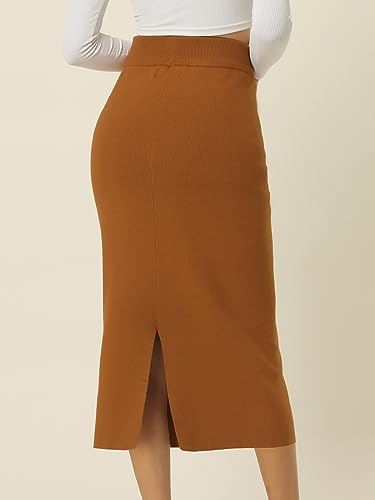 Seta T Women's Ribbed Knit Skirt Elastic Waist Slit Hem Stretchy Bodycon Skirts4