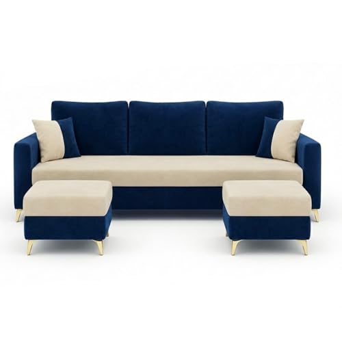 Image of Classiq Rich 5 Seater L Shape Sofa Set with 2 Movable Ottomans | Flexible Layout | Rich Velvet Suede Fabric | Silver Legs | Dual Tone Modern Sofa for Living Room (Dark Blue-Cream)
