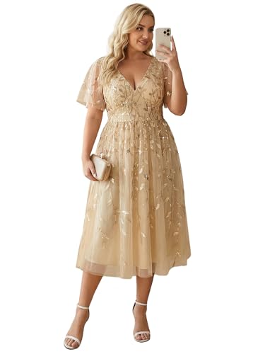 Image of Ever-Pretty Womens Embroidered Tulle Plus Size Cocktail Evening Party Dress A-Line Midi Wedding Guest Dresses for Curvy Women