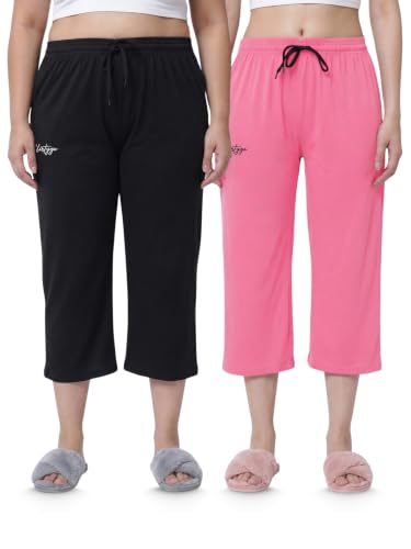 Image of Fflirtygo Women's Cotton Plain Calf Length Capri | Nightwear Short Pyjama | 3 /4th Solid Pyjama Pant | Regular Fit Casual & Lounge Wear Capri Combo (Pack of 2)