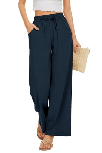 Image of KICZOY Women Flowy Pants Drawstring Waist Wide Leg Palazzo Beach Pants Loose Fit with Pockets