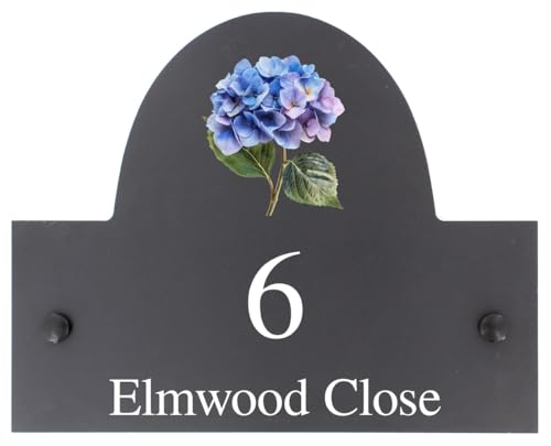 Personalised Hydrangea Flower Motif Natural Stone Slate House Name or House Number Plaque Sign - 25x20cm - Premium Smooth Stone Slate